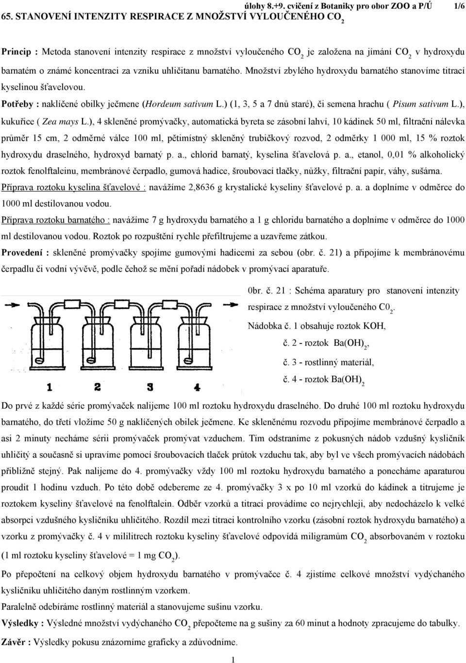 uhličitanu barnatého. Množství zbylého hydroxydu barnatého stanovíme titrací kyselinou šťavelovou. Potřeby : naklíčené obilky ječmene (Hordeum sativum L.