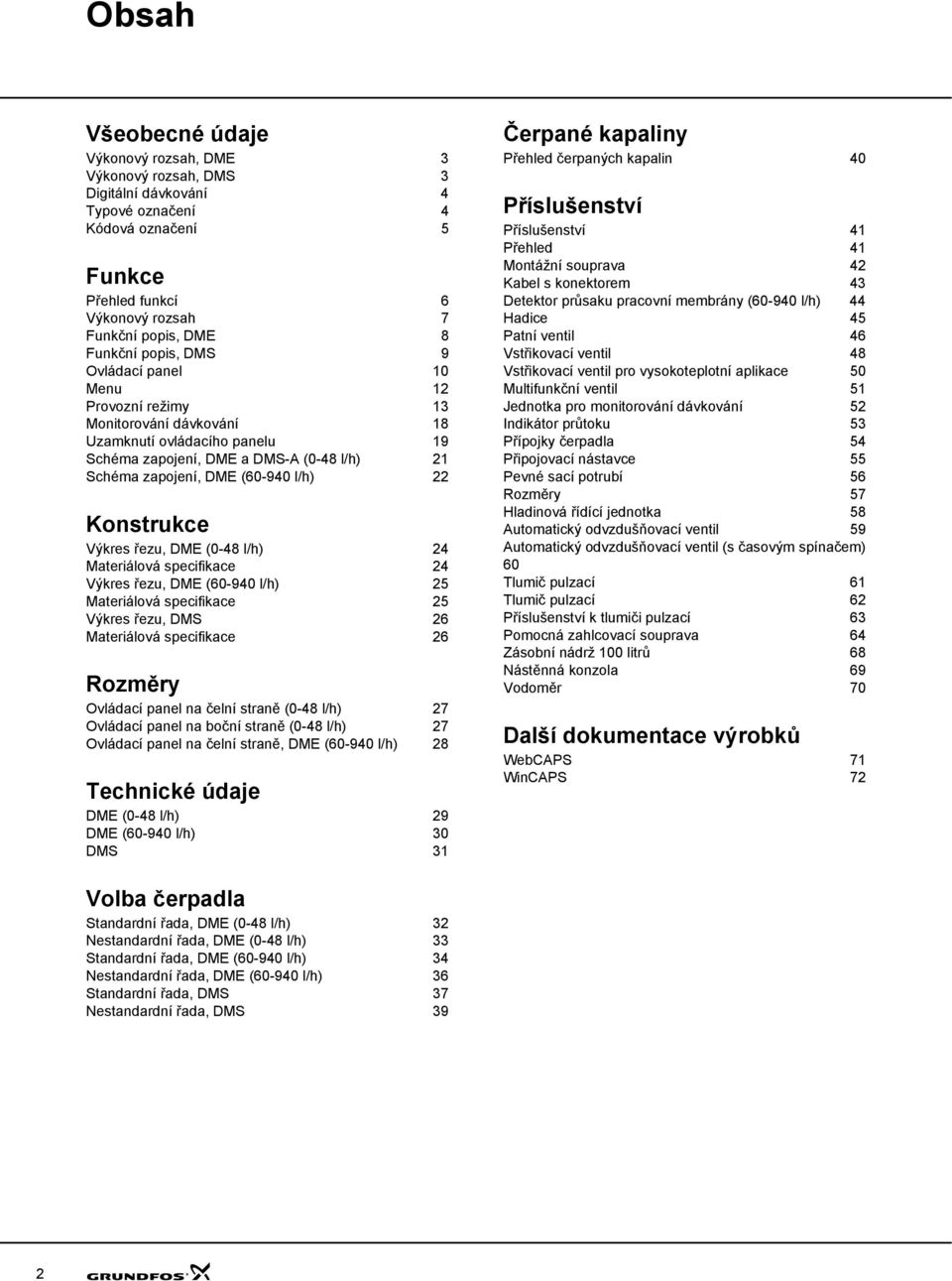 DME (0-48 l/h) 4 Materiálová specifikace 4 Výkres řezu, DME (60-940 l/h) 5 Materiálová specifikace 5 Výkres řezu, DMS 6 Materiálová specifikace 6 Rozměry Ovládací panel na čelní straně (0-48 l/h) 7