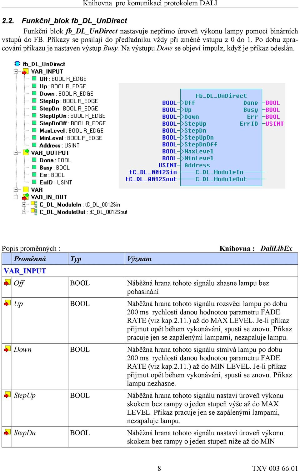 Popis proměnných : Knihovna : DaliLibEx VAR_INPUT Off BOOL Náběžná hrana tohoto signálu zhasne lampu bez pohasínání Up BOOL Náběžná hrana tohoto signálu rozsvěcí lampu po dobu 200 ms rychlostí danou