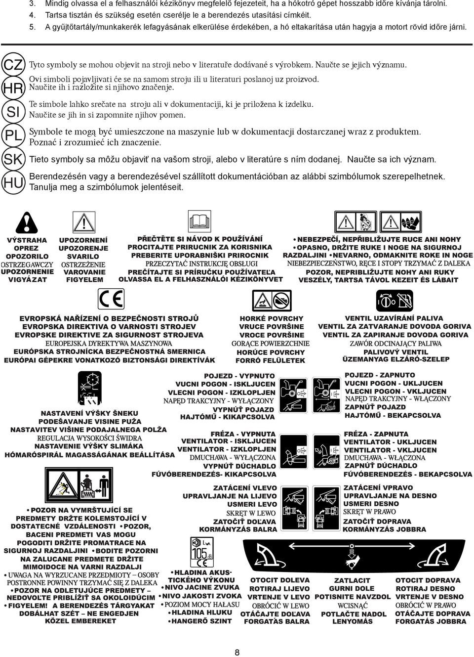 CZ SI Tyto symboly se mohou objevit na stroji nebo v literatuře dodávané s výrobkem. Naučte se jejich významu. Ovi simboli pojavljivati će se na samom stroju ili u literaturi poslanoj uz proizvod.