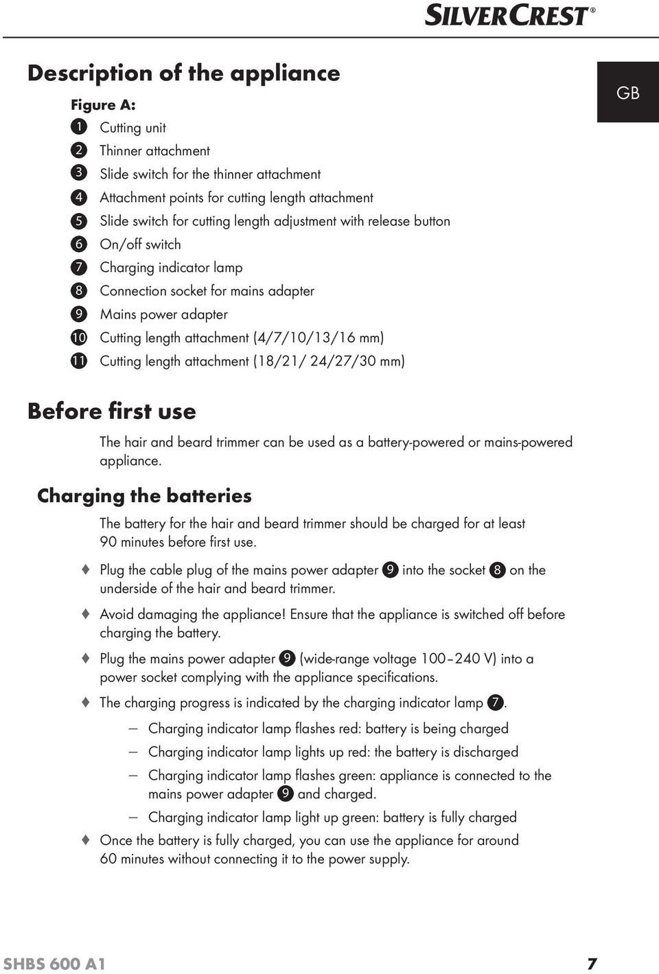attachment (18/21/ 24/27/30 mm) GB Before first use The hair and beard trimmer can be used as a battery-powered or mains-powered appliance.