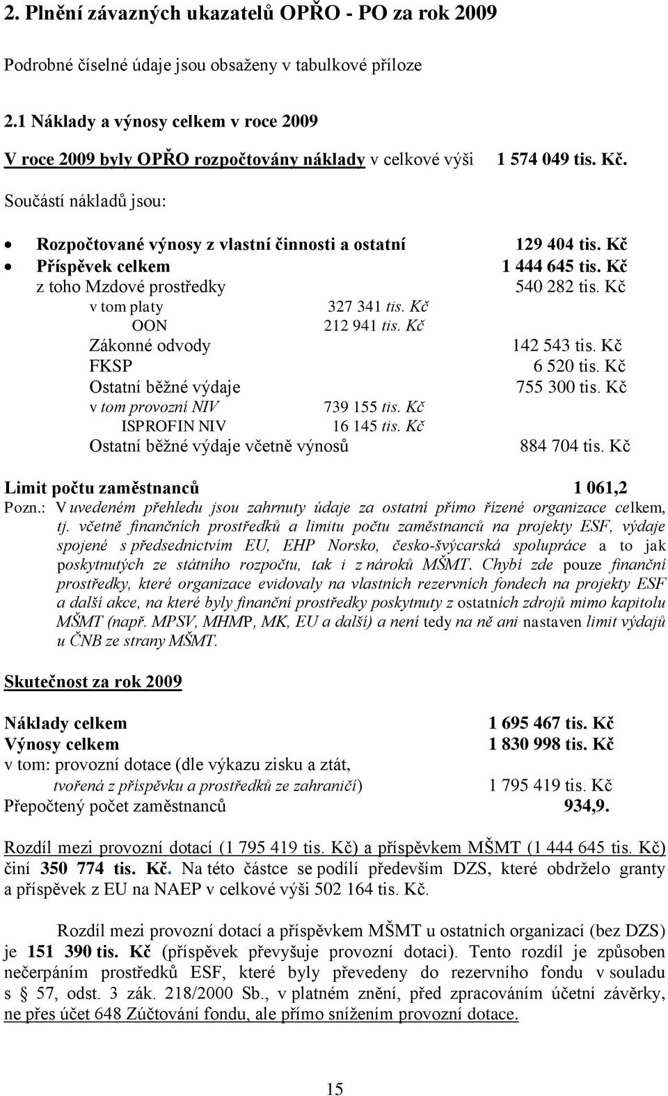 Kč Příspěvek celkem 1 444 645 tis. Kč z toho Mzdové prostředky 540 282 tis. Kč v tom platy 327 341 tis. Kč OON 212 941 tis. Kč Zákonné odvody 142 543 tis. Kč FKSP 6 520 tis.
