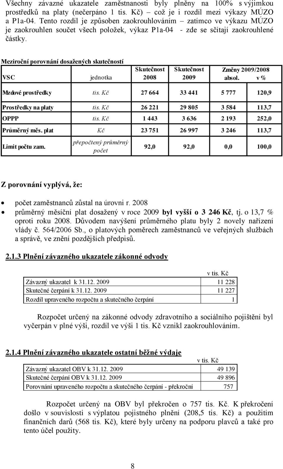 Meziroční porovnání dosažených skutečností VSC jednotka Skutečnost 2008 Skutečnost 2009 Změny 2009/2008 absol. v % Mzdové prostředky tis. Kč 27 664 33 441 5 777 120,9 Prostředky na platy tis.