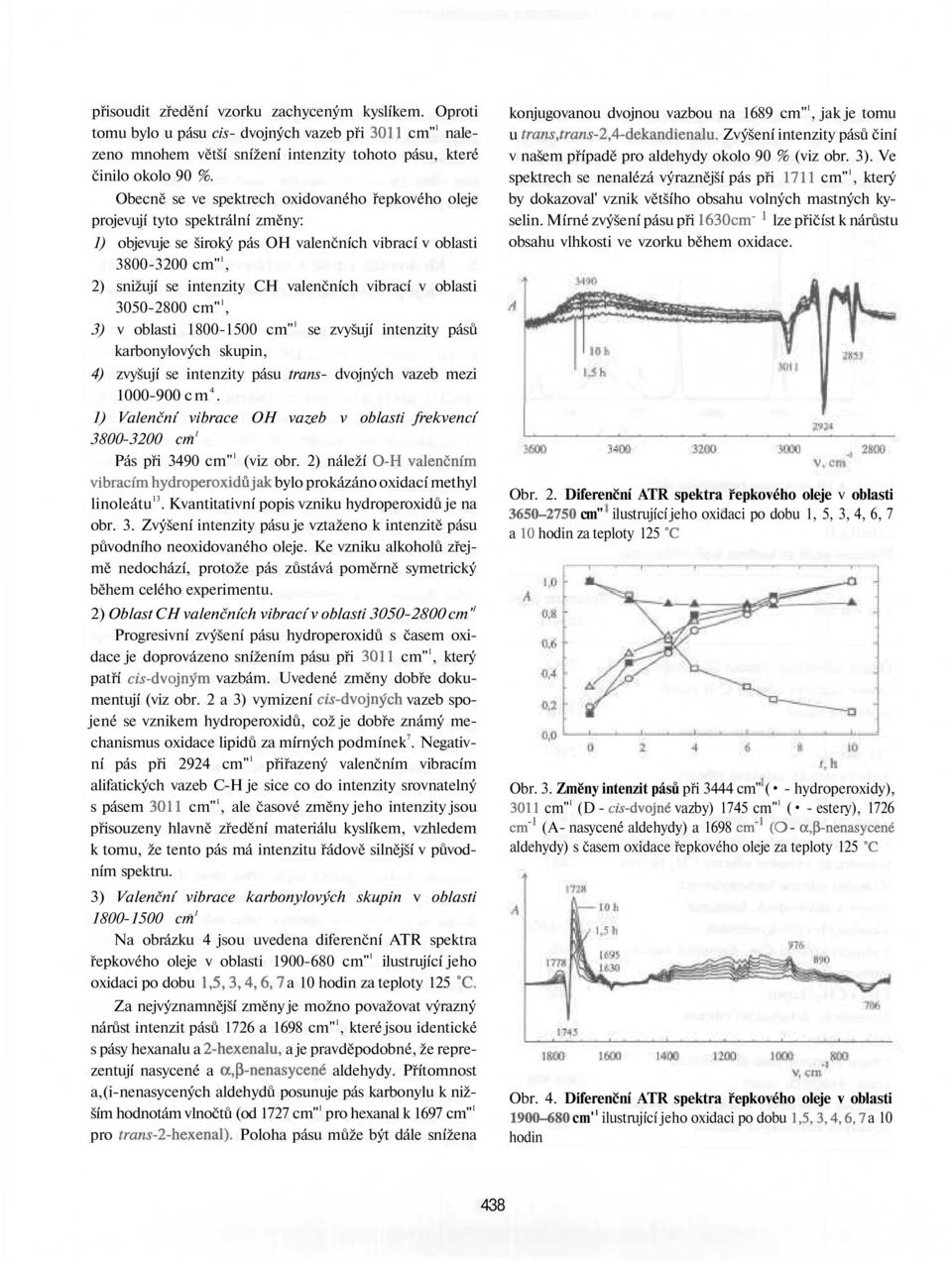 vibrací v oblasti 3050-2800 cm" 1, 3) v oblasti 1800-1500 cm" 1 se zvyšují intenzity pásů karbonylových, 4) zvyšují se intenzity pásu trans- dvojných vazeb mezi 1000-900 cm 4.