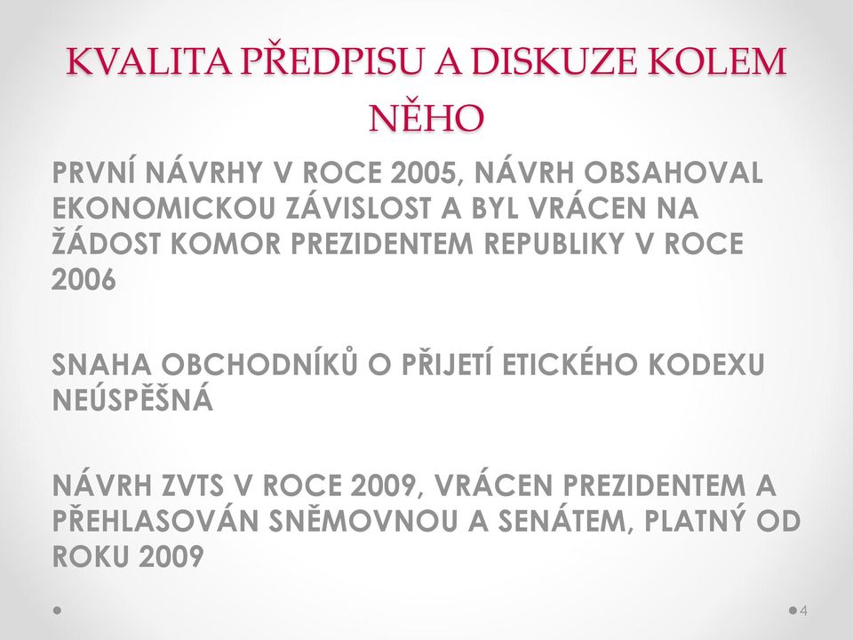 2006 SNAHA OBCHODNÍKŮ O PŘIJETÍ ETICKÉHO KODEXU NEÚSPĚŠNÁ NÁVRH ZVTS V ROCE