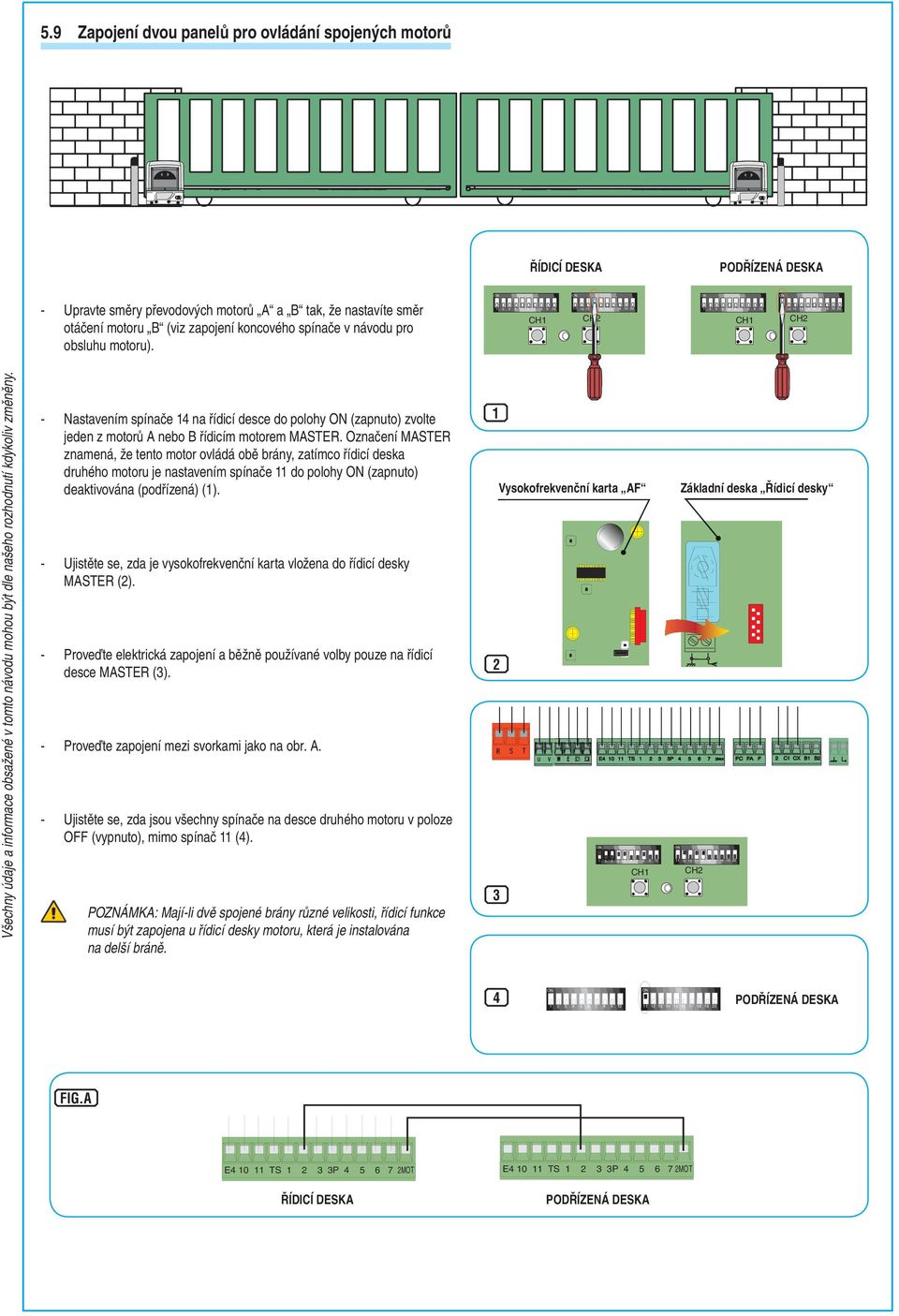 Označení MASTER znamená, že tento motor ovládá obě brány, zatímco řídicí deska druhého motoru je nastavením spínače 11 do polohy ON (zapnuto) deaktivována (podřízená) (1).