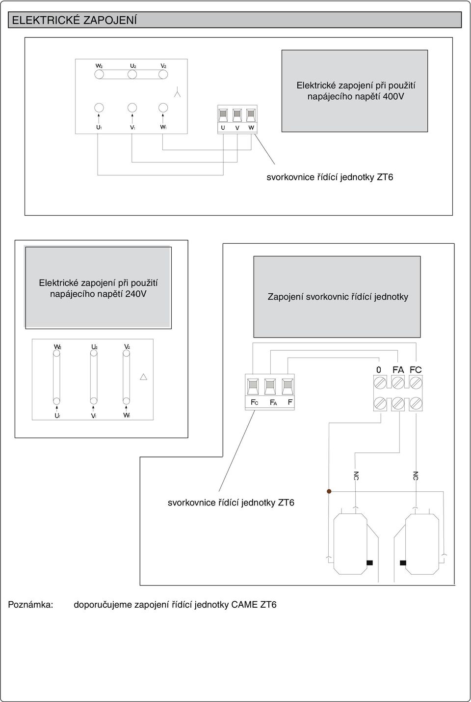 napájecího napětí 240V Zapojení svorkovnic řídící jednotky svorkovnice