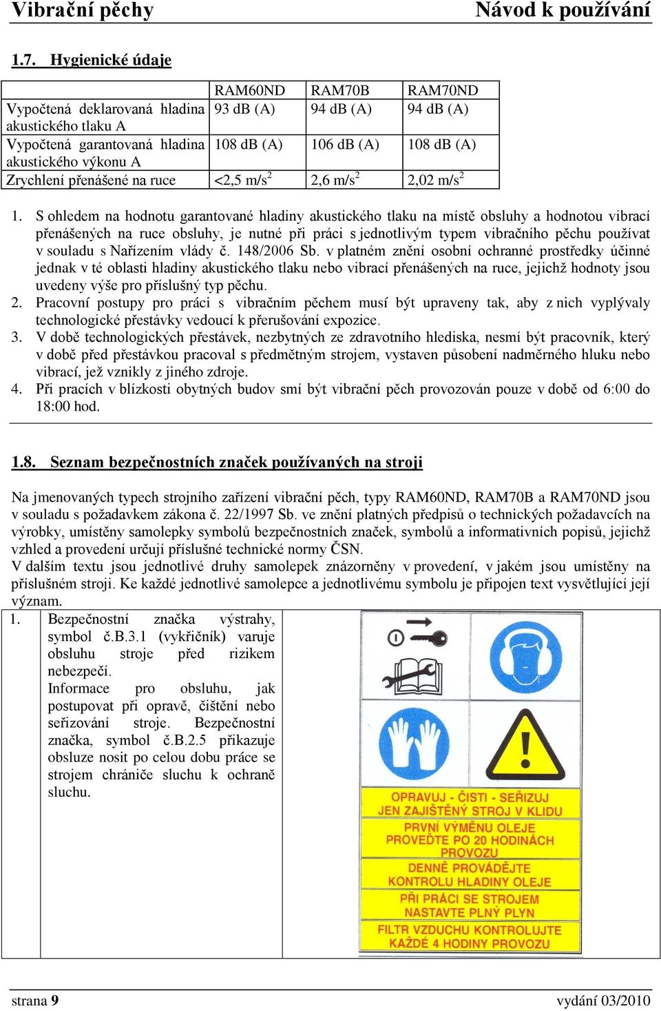 S ohledem na hodnotu garantované hladiny akustického tlaku na místě obsluhy a hodnotou vibrací přenášených na ruce obsluhy, je nutné při práci s jednotlivým typem vibračního pěchu používat v souladu
