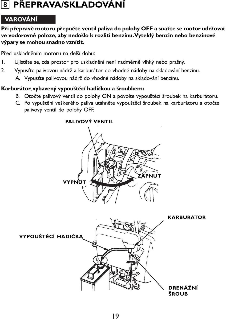 Vypusťte palivovou nádrž a karburátor do vhodné nádoby na skladování benzínu. A. Vypusťte palivovou nádrž do vhodné nádoby na skladování benzínu.