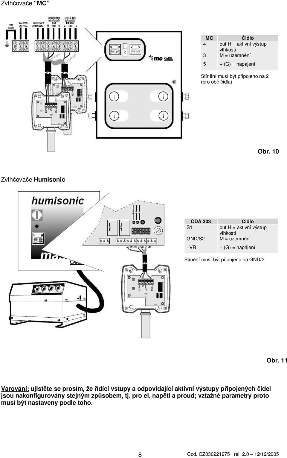 10 Zvlhovae Humisonic CDA 303 S1 GND/S2 +VR idlo out H = aktivní výstup vlhkosti M = uzemnní + (G) = napájení Stínní musí být