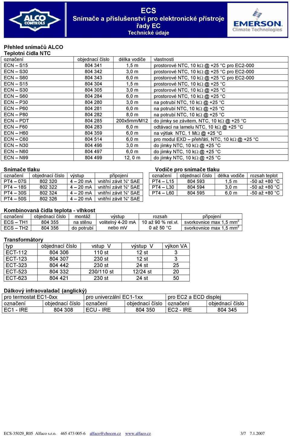 6,0 m prostorové NTC, 10 kω @ +25 C ECN P30 804 280 3,0 m na potrubí NTC, 10 kω @ +25 C ECN P60 804 281 6,0 m na potrubí NTC, 10 kω @ +25 C ECN P80 804 282 8,0 m na potrubí NTC, 10 kω @ +25 C ECN PDT