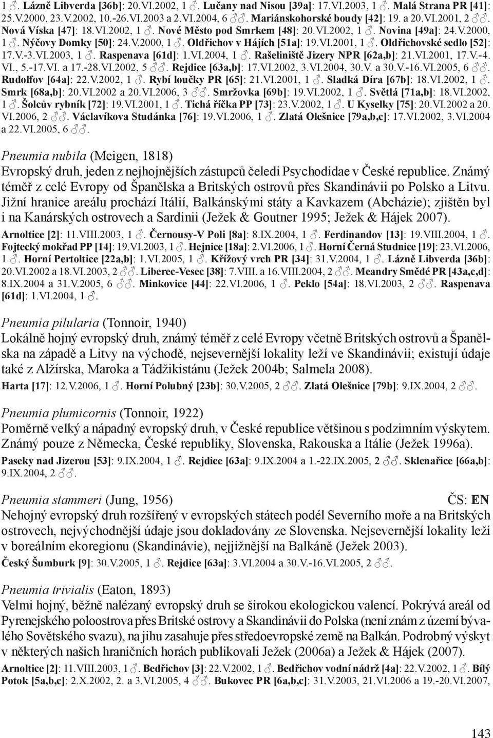 Oldřichovské sedlo [52]: 17.V.-3.VI.2003, 1. Raspenava [61d]: 1.VI.2004, 1. Rašeliniště Jizery NPR [62a,b]: 21.VI.2001, 17.V.- 4. VI., 5.-17.VI. a 17.-28.VI.2002, 5. Rejdice [63a,b]: 17.VI.2002, 3.VI.2004, 30.