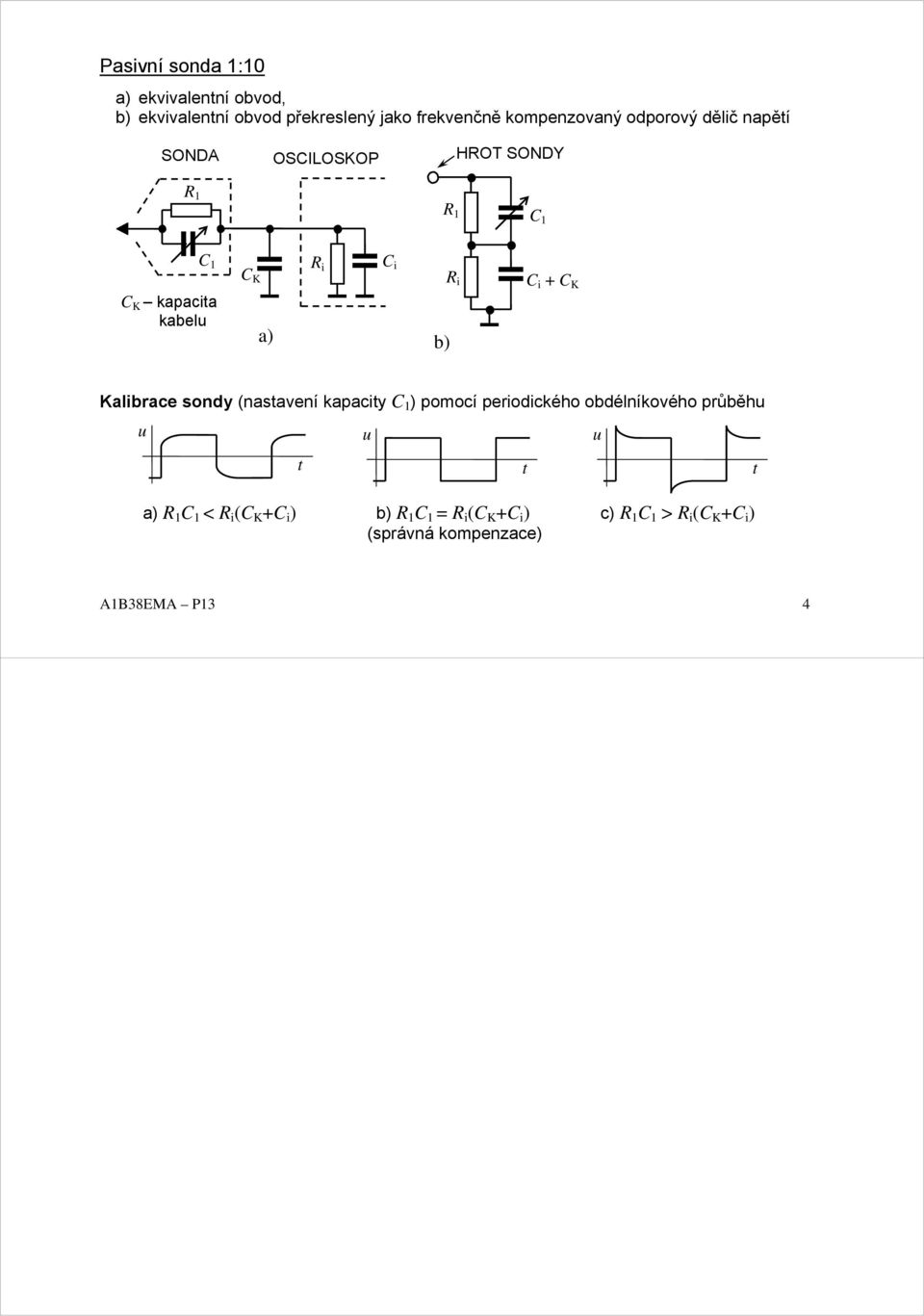 i + C K Kalibrace sondy (nasavení kapaciy C 1 ) pomocí periodického obdélníkového průběhu u u a) R 1 C 1 <