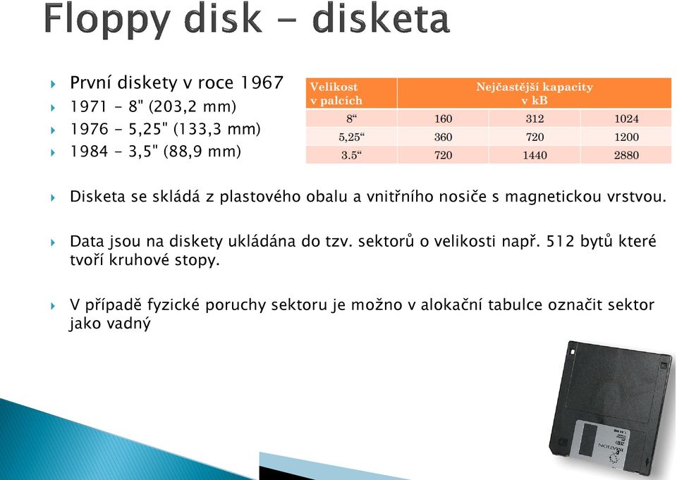 Data jsou na diskety ukládána do tzv. sektorů o velikosti např.