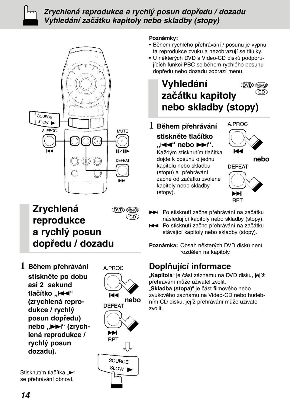 Vyhledání začátku kapitoly nebo skladby (stopy) 1 Během přehrávání stiskněte tlačítko 4 nebo 3.