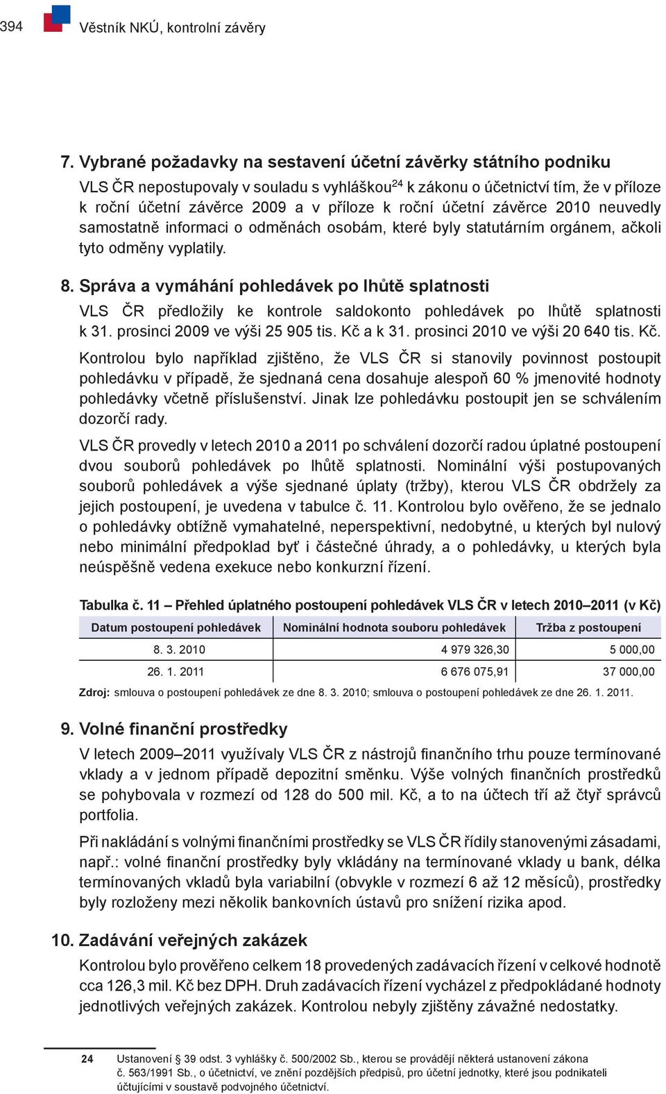 účetní závěrce 2010 neuvedly samostatně informaci o odměnách osobám, které byly statutárním orgánem, ačkoli tyto odměny vyplatily. 8.