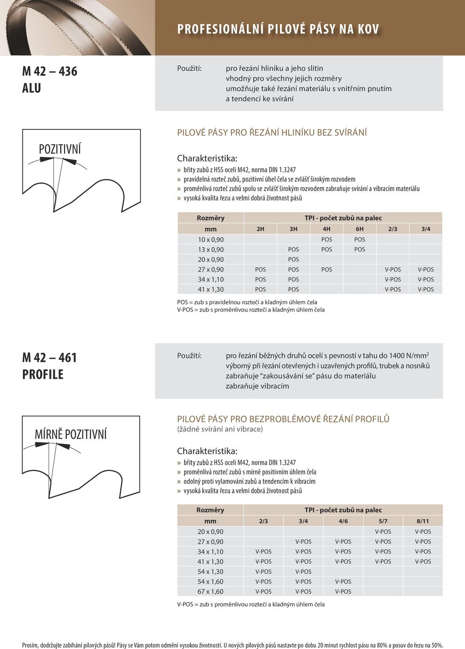 a vibracím materiálu» vysoká kvalita řezu a velmi dobrá životnost pásů POS = zub s pravidelnou roztečí a kladným úhlem čela V-POS = zub s proměnlivou roztečí a kladným úhlem čela mm 2H 3H 4H 6H 2/3
