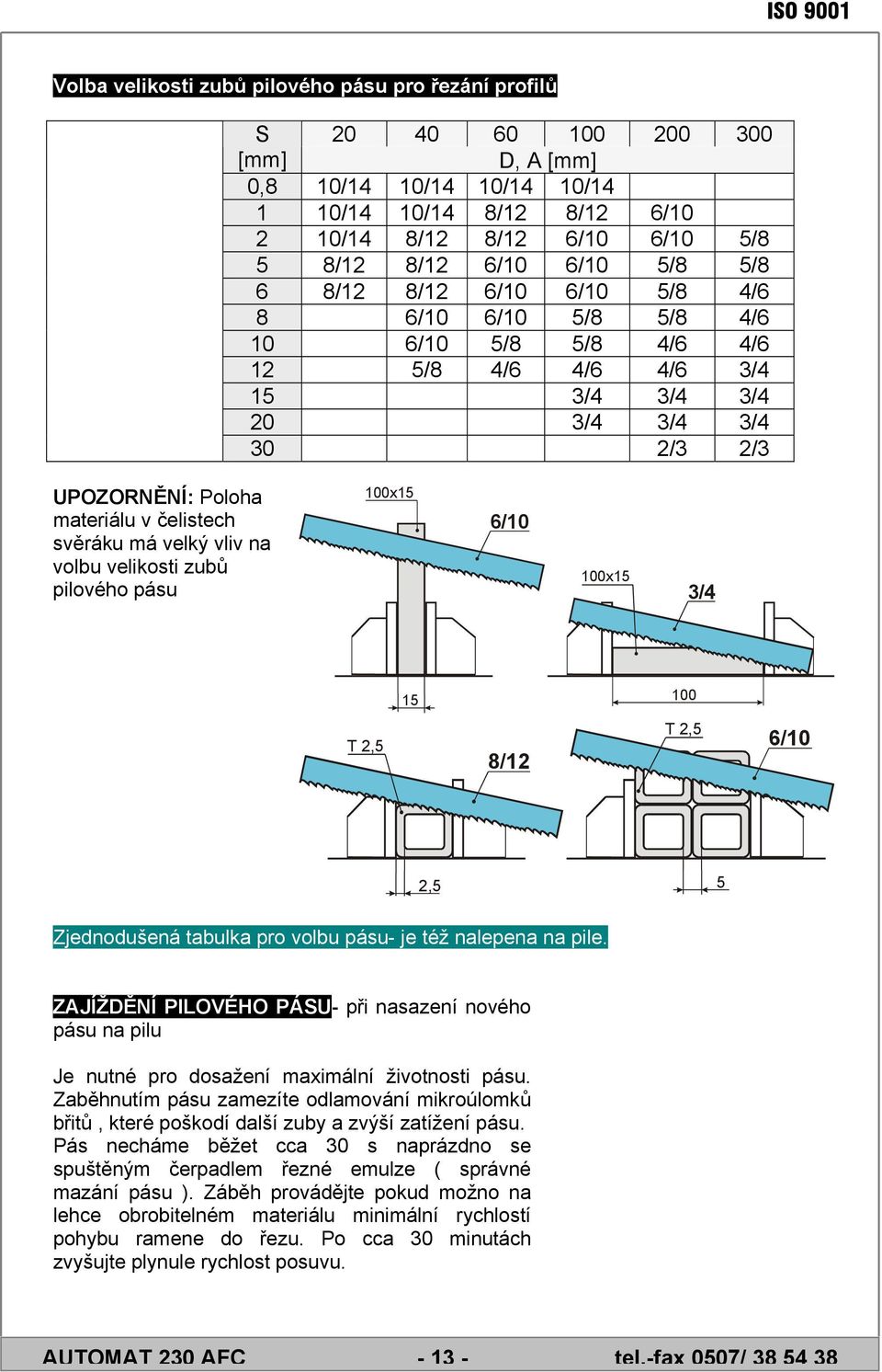 svěráku má velký vliv na volbu velikosti zubů pilového pásu 100x15 6/10 100x15 3/4 T 2,5 15 100 8/12 T 2,5 6/10 2,5 5 Zjednodušená tabulka pro volbu pásu- je též nalepena na pile.
