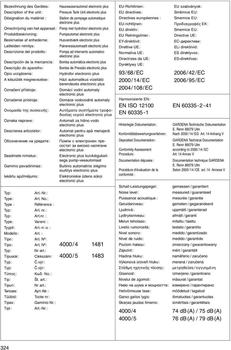 Bomba automática Descrição do aparelho: Bomba de Pressão Opis urz dzenia: Hydrofor A kйszьlйk megnevezйse: Hбzi automatikus vнzellбtу berendezйs Oznaиenн pшнstroje: Domбcн vodnн automaty Označenie