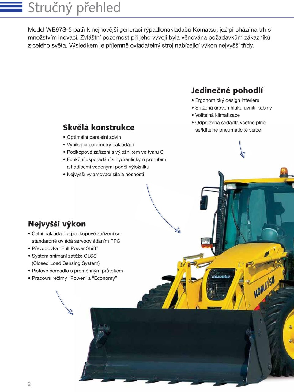 Skvělá konstrukce Optimální paralelní zdvih Vynikající parametry nakládání Podkopové zařízení s výložníkem ve tvaru S Funkční uspořádání s hydraulickým potrubím a hadicemi vedenými podél výložníku