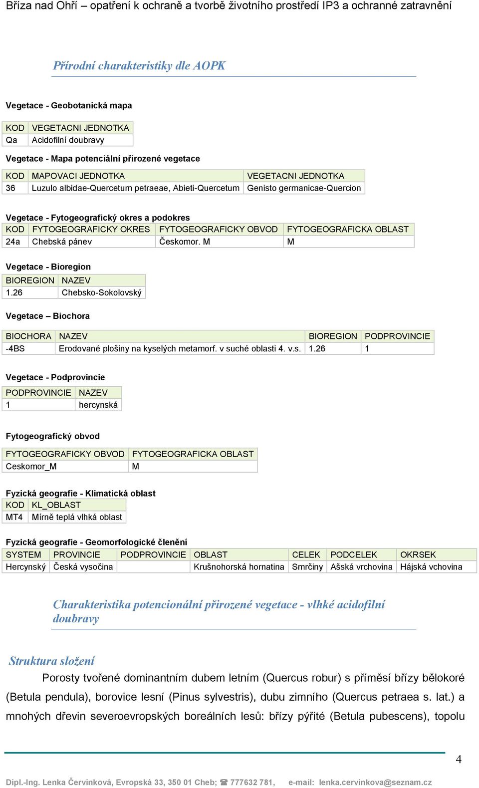 Chebská pánev Českomor. M M Vegetace - Bioregion BIOREGION NAZEV 1.26 Chebsko-Sokolovský Vegetace Biochora BIOCHORA NAZEV BIOREGION PODPROVINCIE -4BS Erodované plošiny na kyselých metamorf.