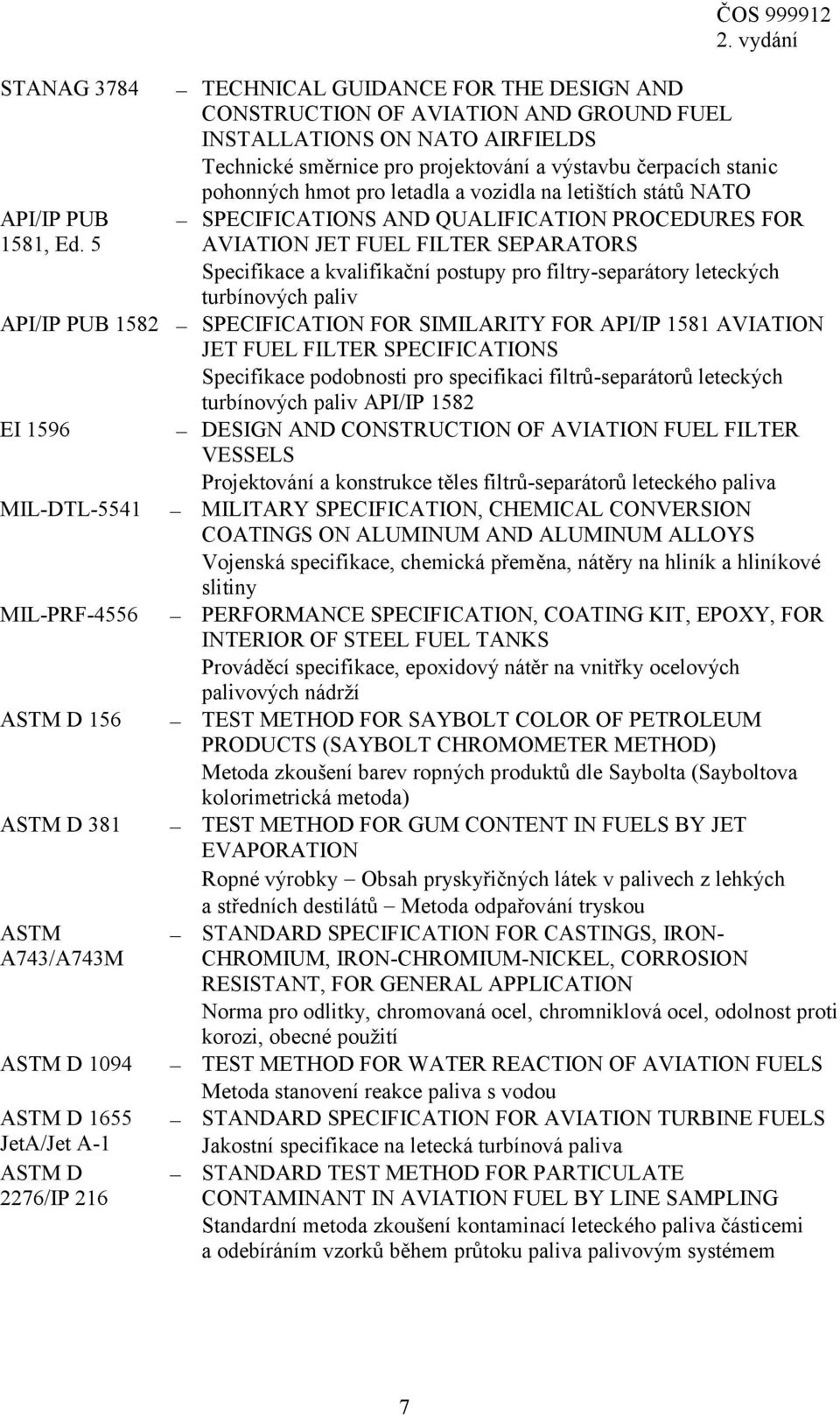 hmot pro letadla a vozidla na letištích států NATO SPECIFICATIONS AND QUALIFICATION PROCEDURES FOR AVIATION JET FUEL FILTER SEPARATORS Specifikace a kvalifikační postupy pro filtry-separátory