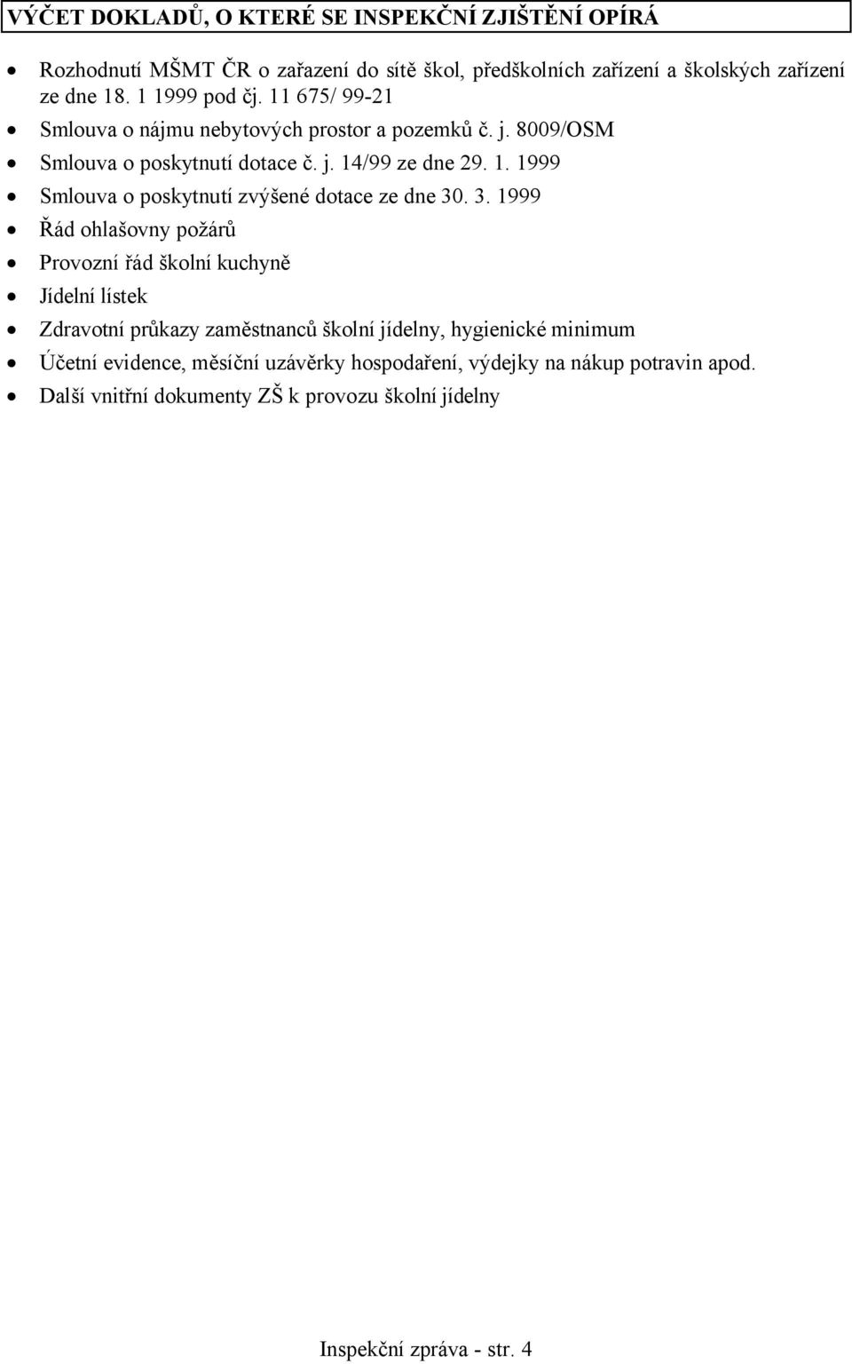 3. 1999 Řád ohlašovny požárů Provozní řád školní kuchyně Jídelní lístek Zdravotní průkazy zaměstnanců školní jídelny, hygienické minimum Účetní evidence,