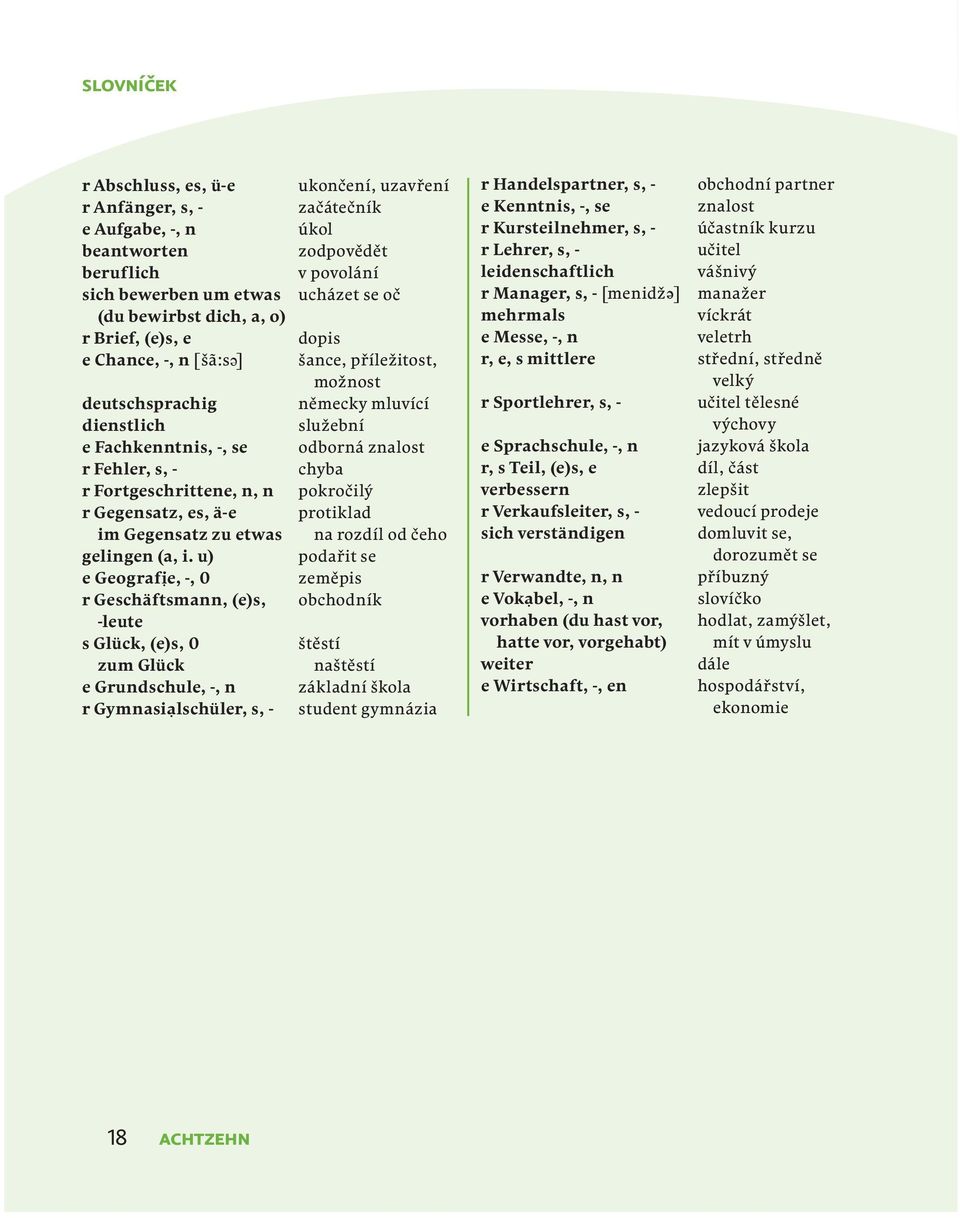 u) e Geografie, -, 0 r Geschäftsmann, (e)s, -leute s Glück, (e)s, 0 zum Glück e Grundschule, -, n r Gymnasialschüler, s, - ukončení, uzavření začátečník úkol zodpovědět v povolání ucházet se oč dopis