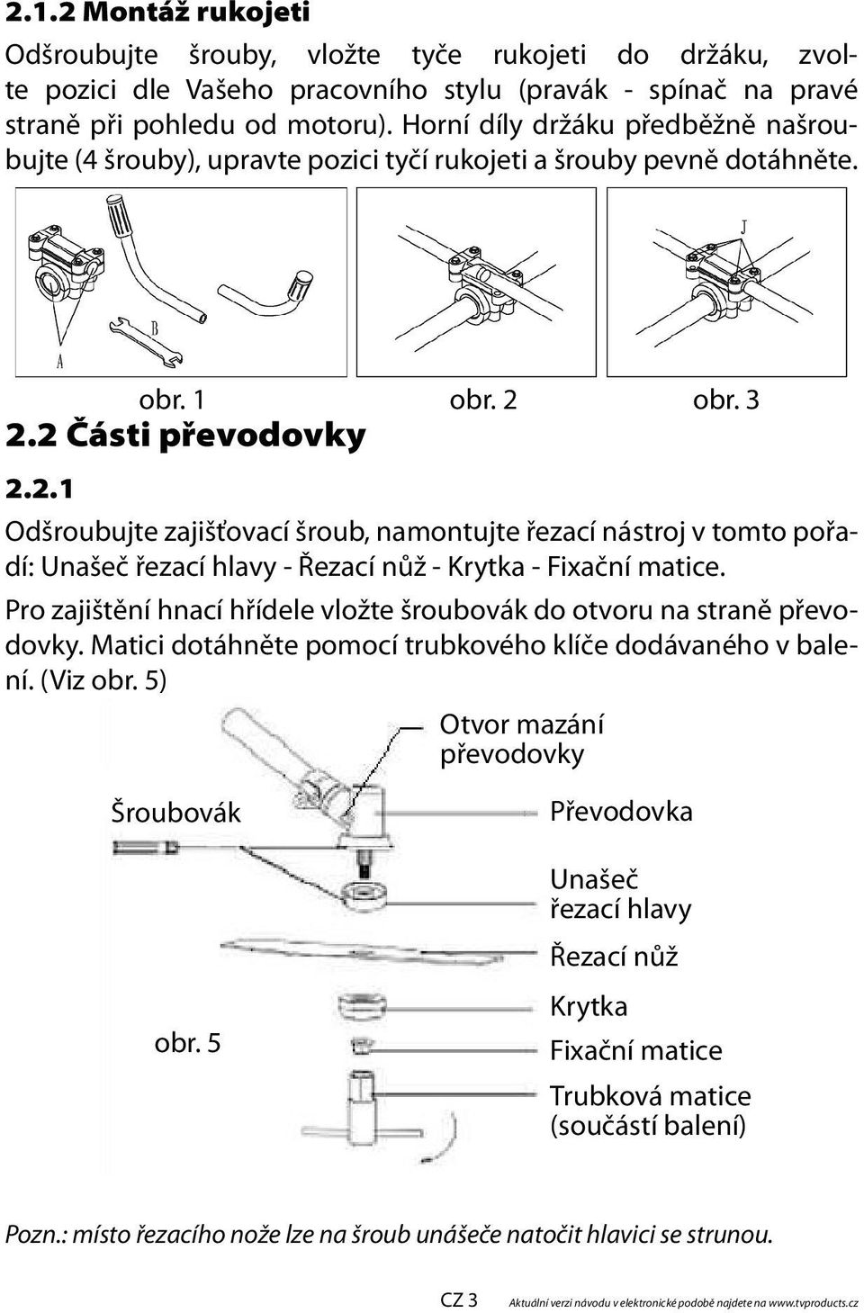 obr. 3 2.2 Části převodovky 2.2.1 Odšroubujte zajišťovací šroub, namontujte řezací nástroj v tomto pořadí: Unašeč řezací hlavy - Řezací nůž - Krytka - Fixační matice.