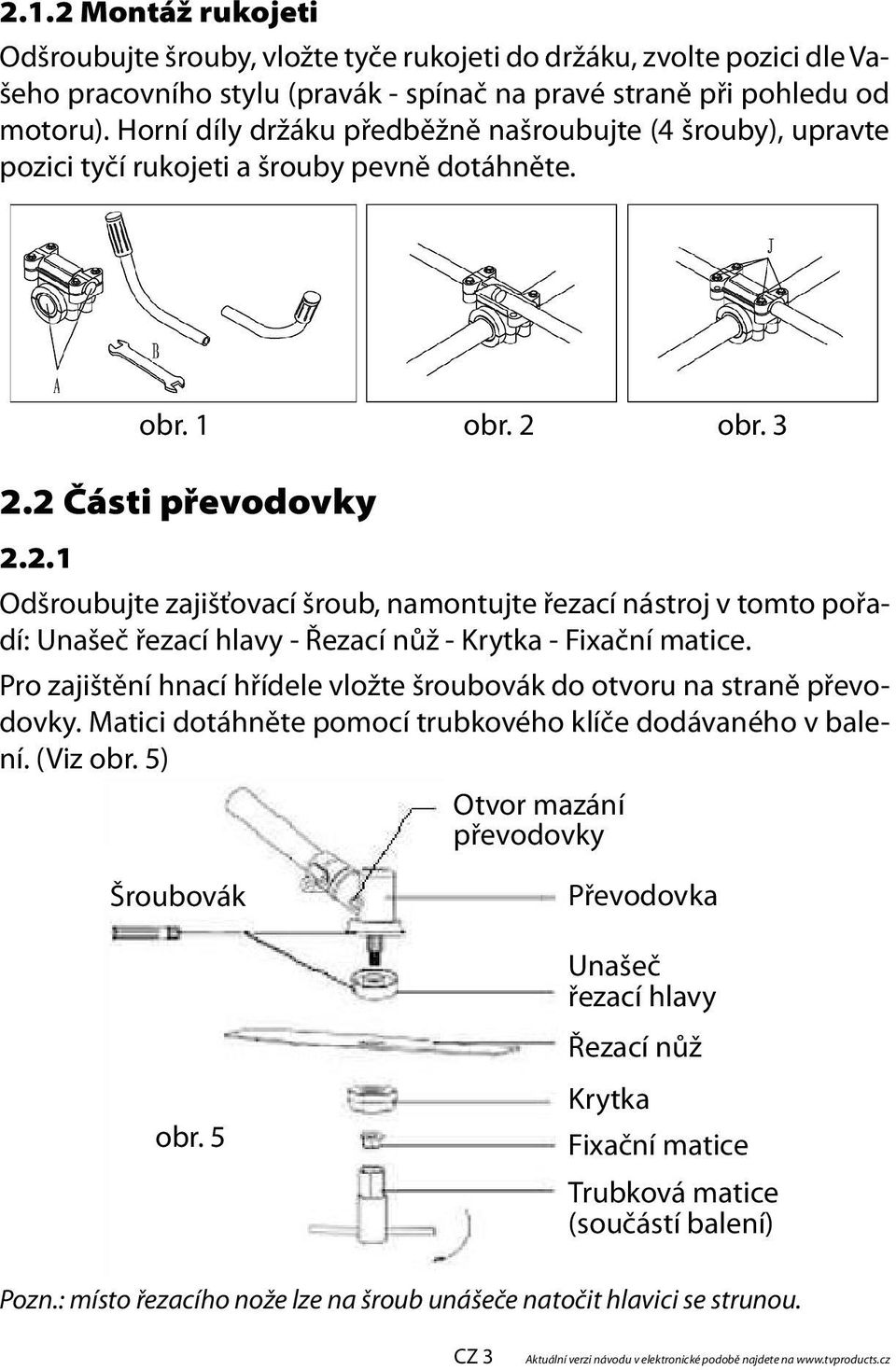 obr. 3 2.2 Části převodovky 2.2.1 Odšroubujte zajišťovací šroub, namontujte řezací nástroj v tomto pořadí: Unašeč řezací hlavy - Řezací nůž - Krytka - Fixační matice.