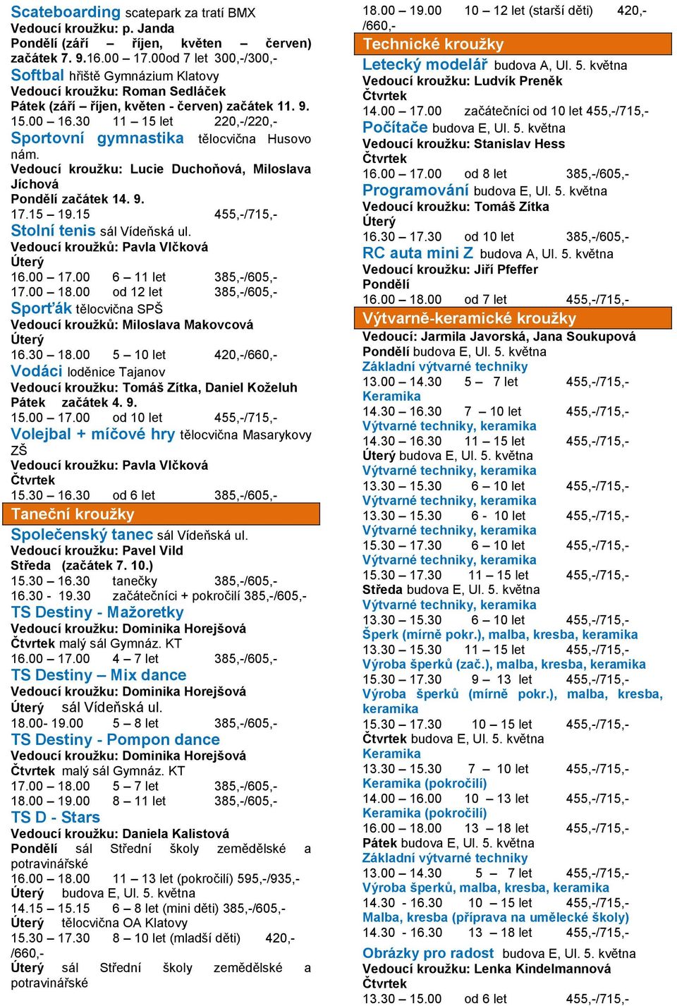 30 11 15 let 220,-/220,- Sportovní gymnastika tělocvična Husovo nám. Vedoucí kroužku: Lucie Duchoňová, Miloslava Jíchová začátek 14. 9. 17.15 19.15 455,-/715,- Stolní tenis sál Vídeňská ul.