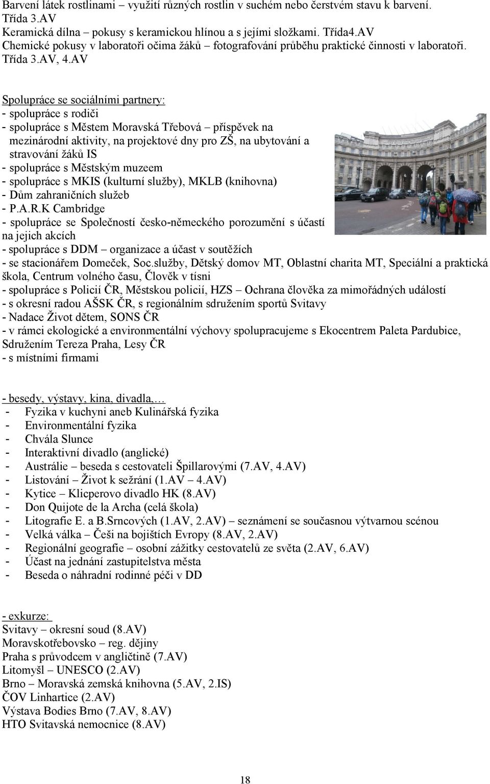 AV Spolupráce se sociálními partnery: - spolupráce s rodiči - spolupráce s Městem Moravská Třebová příspěvek na mezinárodní aktivity, na projektové dny pro ZŠ, na ubytování a stravování žáků IS -