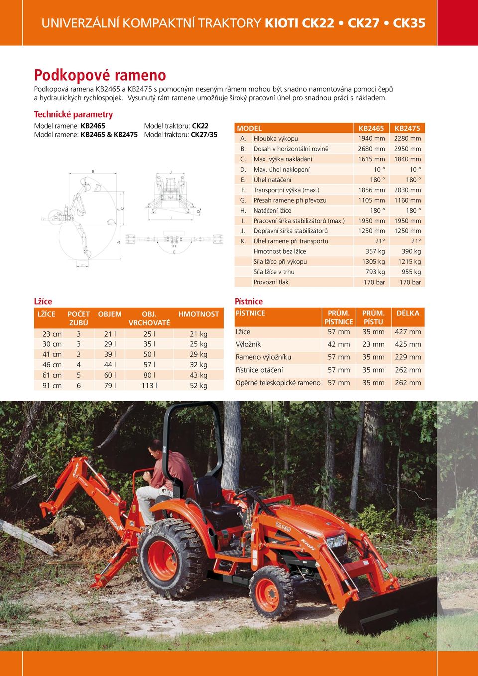 Technické parametry Model ramene: KB2465 Model traktoru: CK22 Model ramene: KB2465 & KB2475 Model traktoru: CK27/35 Model KB2465 KB2475 A. Hloubka výkopu 19 mm 2280 mm B.