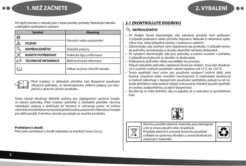 informace Odkaz na jinou část/díl návodu Před instalací si důkladně přečtěte část Bezpečné používání větracích jednotek, ve kterénaleznete veškeré pokyny pro bezpečné a správné užívání produktu.