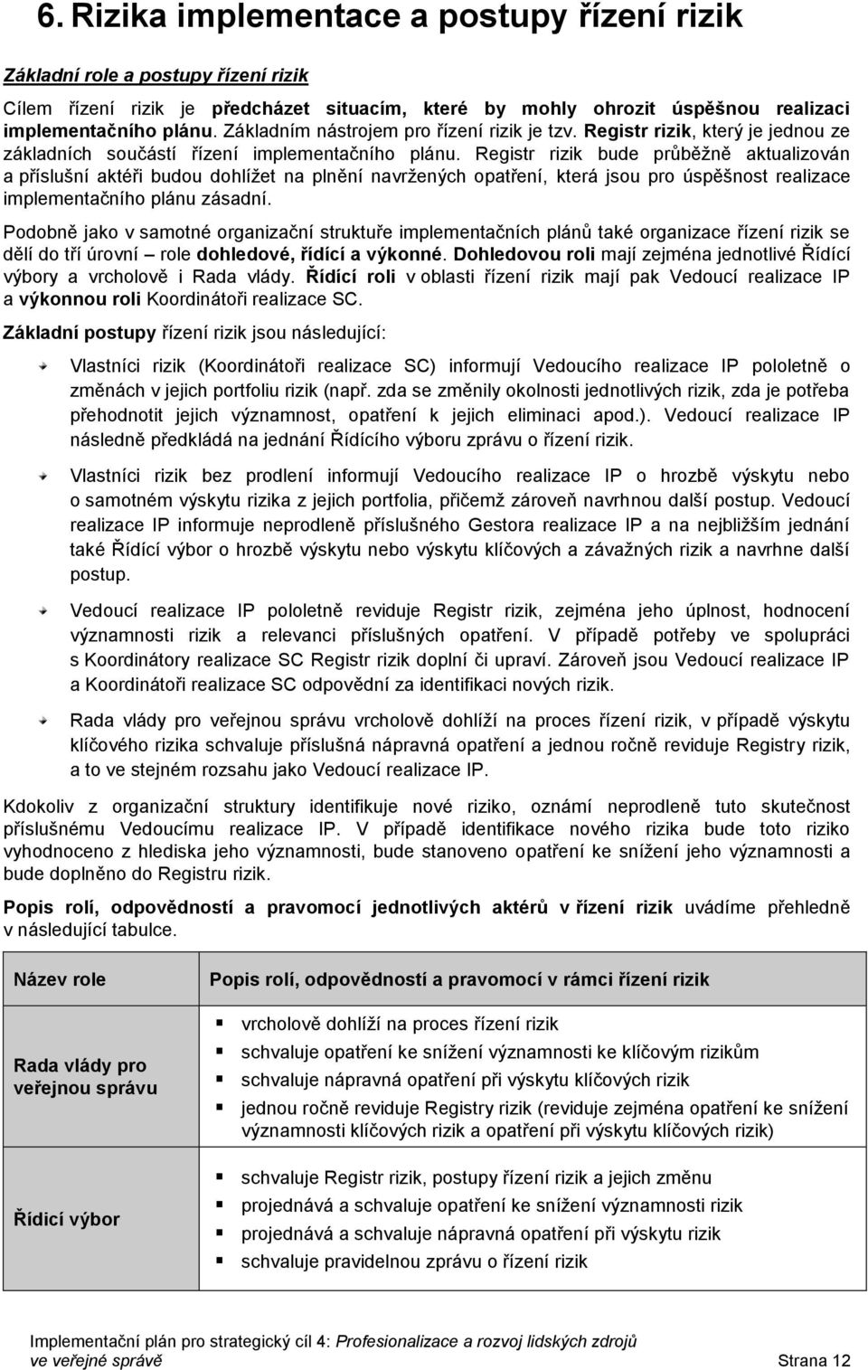 Registr rizik bude průběžně aktualizován a příslušní aktéři budou dohlížet na plnění navržených opatření, která jsou pro úspěšnost realizace implementačního plánu zásadní.