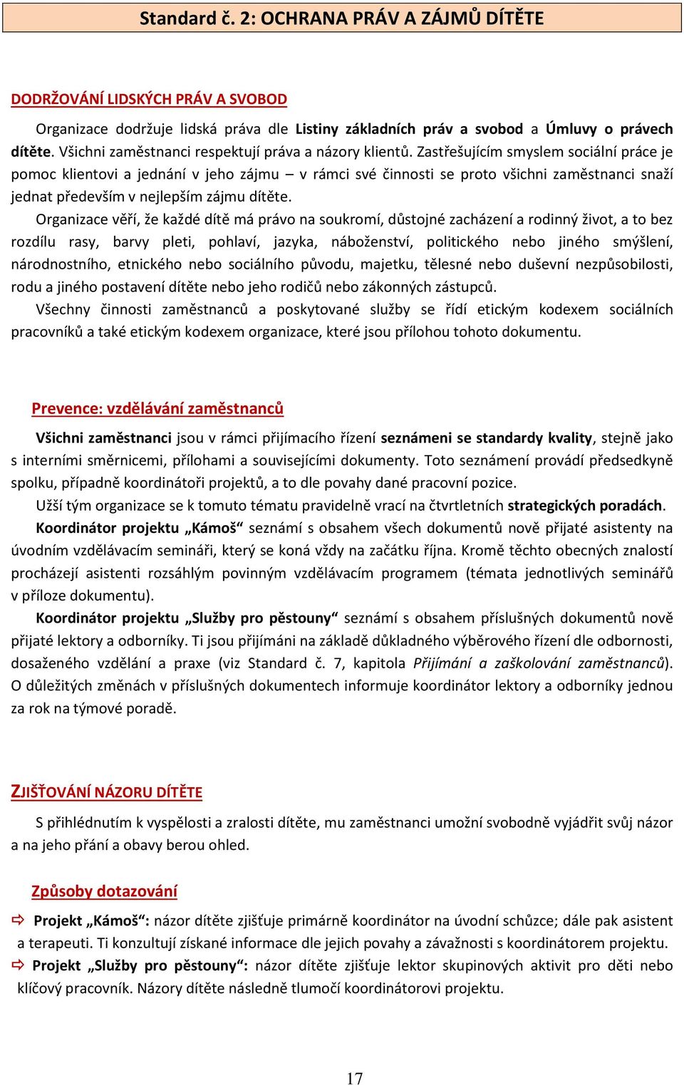 Zastřešujícím smyslem sociální práce je pomoc klientovi a jednání v jeho zájmu v rámci své činnosti se proto všichni zaměstnanci snaží jednat především v nejlepším zájmu dítěte.