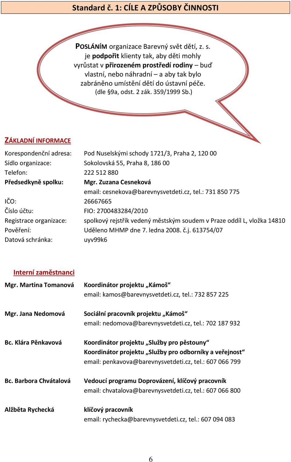 359/1999 Sb.) ZÁKLADNÍ INFORMACE Korespondenční adresa: Pod Nuselskými schody 1721/3, Praha 2, 120 00 Sídlo organizace: Sokolovská 55, Praha 8, 186 00 Telefon: 222 512 880 Předsedkyně spolku: Mgr.