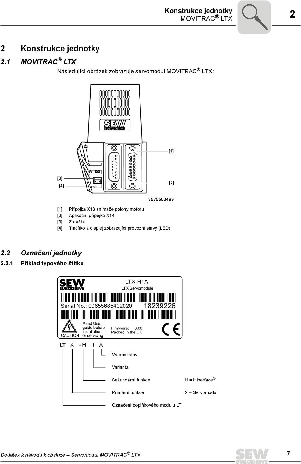 Zarážka [4] Tlačítko a displej zobrazující provozní stavy (LED) 2.2 Označení jednotky 2.2.1 Příklad typového štítku LTX-H1A LTX Servomodule Serial No.
