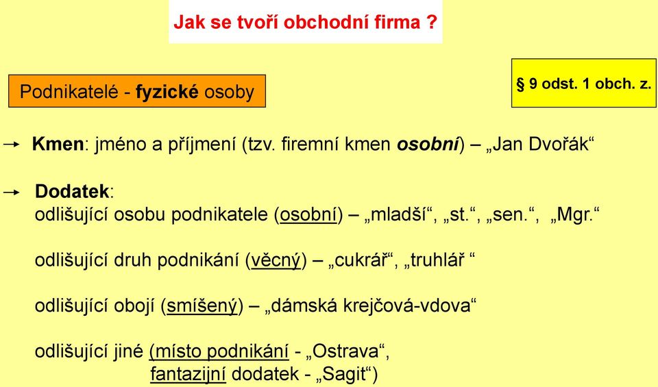 firemní kmen osobní) Jan Dvořák Dodatek: odlišující osobu podnikatele (osobní) mladší, st.