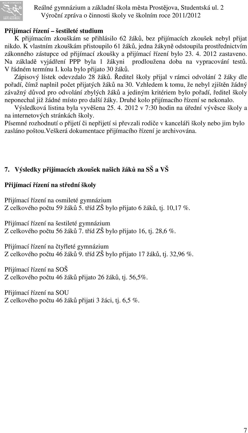 Na základě vyjádření PPP byla 1 žákyni prodloužena doba na vypracování testů. V řádném termínu I. kola bylo přijato 30 žáků. Zápisový lístek odevzdalo 28 žáků.