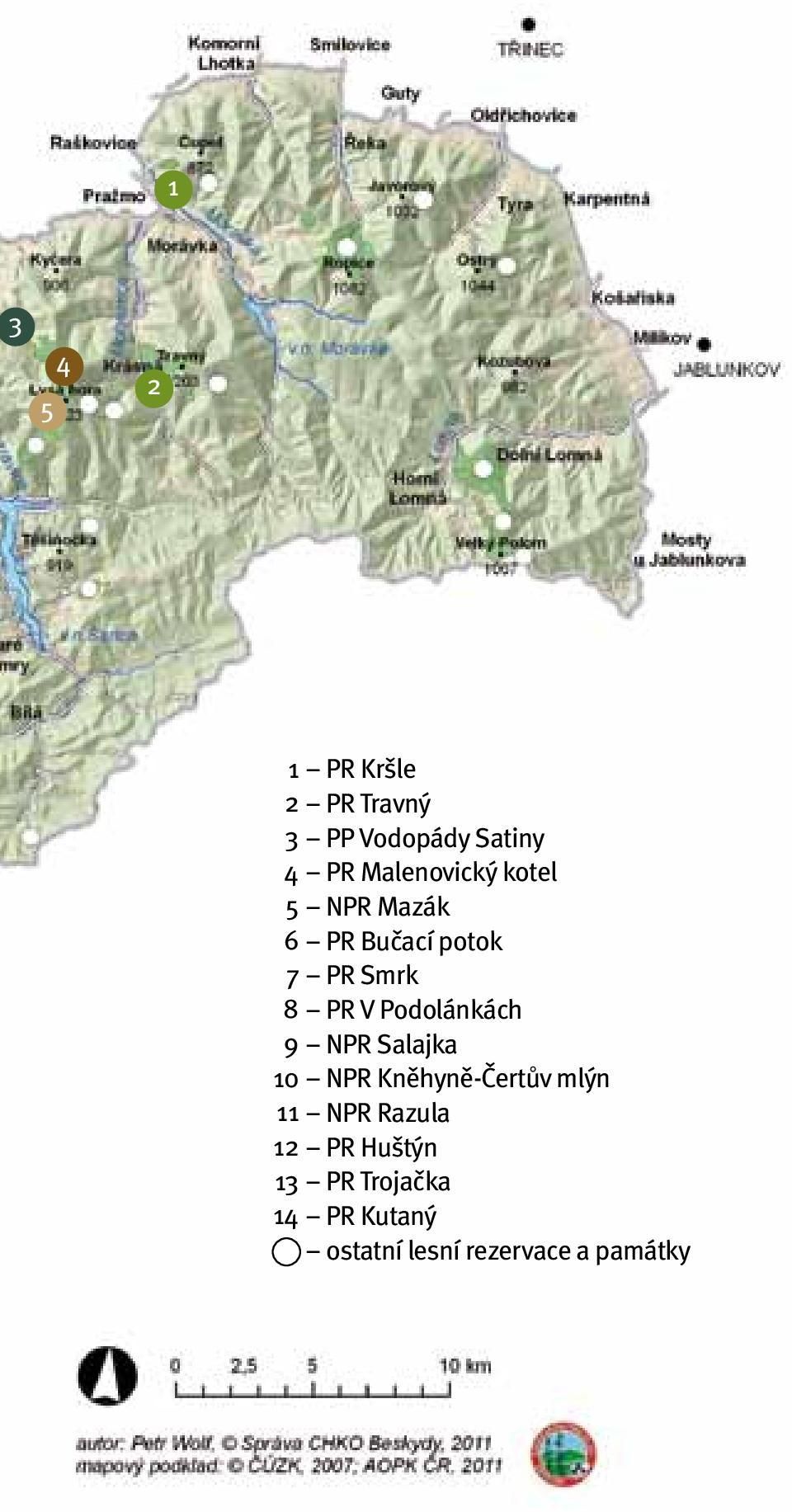 NPR Kněhyně-Čertův mlýn 11 NPR Razula 12 PR Huštýn 13 PR Trojačka 14 PR