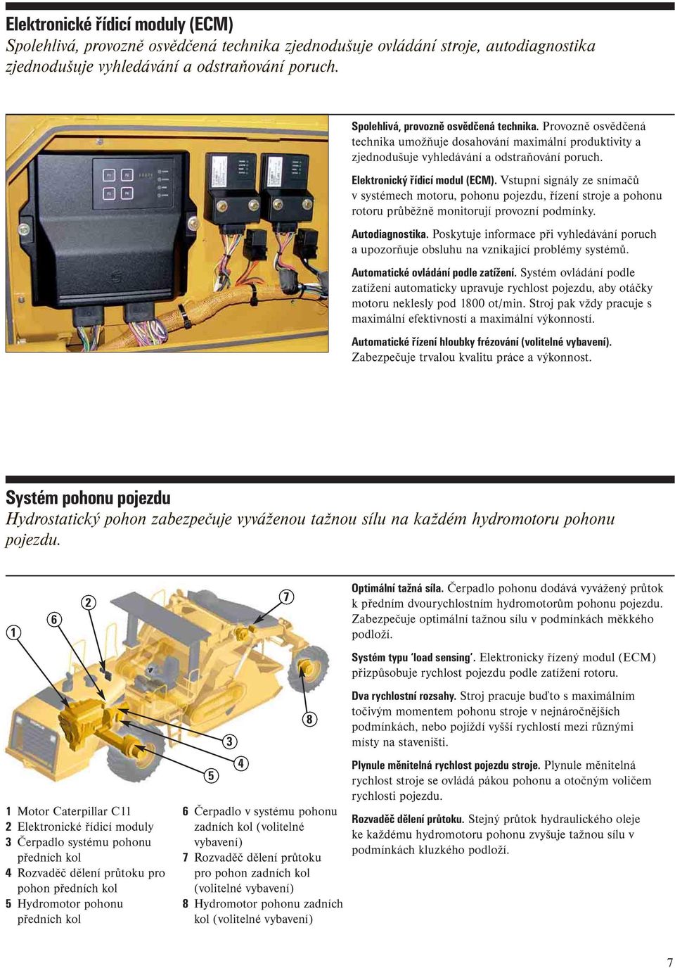 Vstupní signály ze snímačů v systémech motoru, pohonu pojezdu, řízení stroje a pohonu rotoru průběžně monitorují provozní podmínky. Autodiagnostika.
