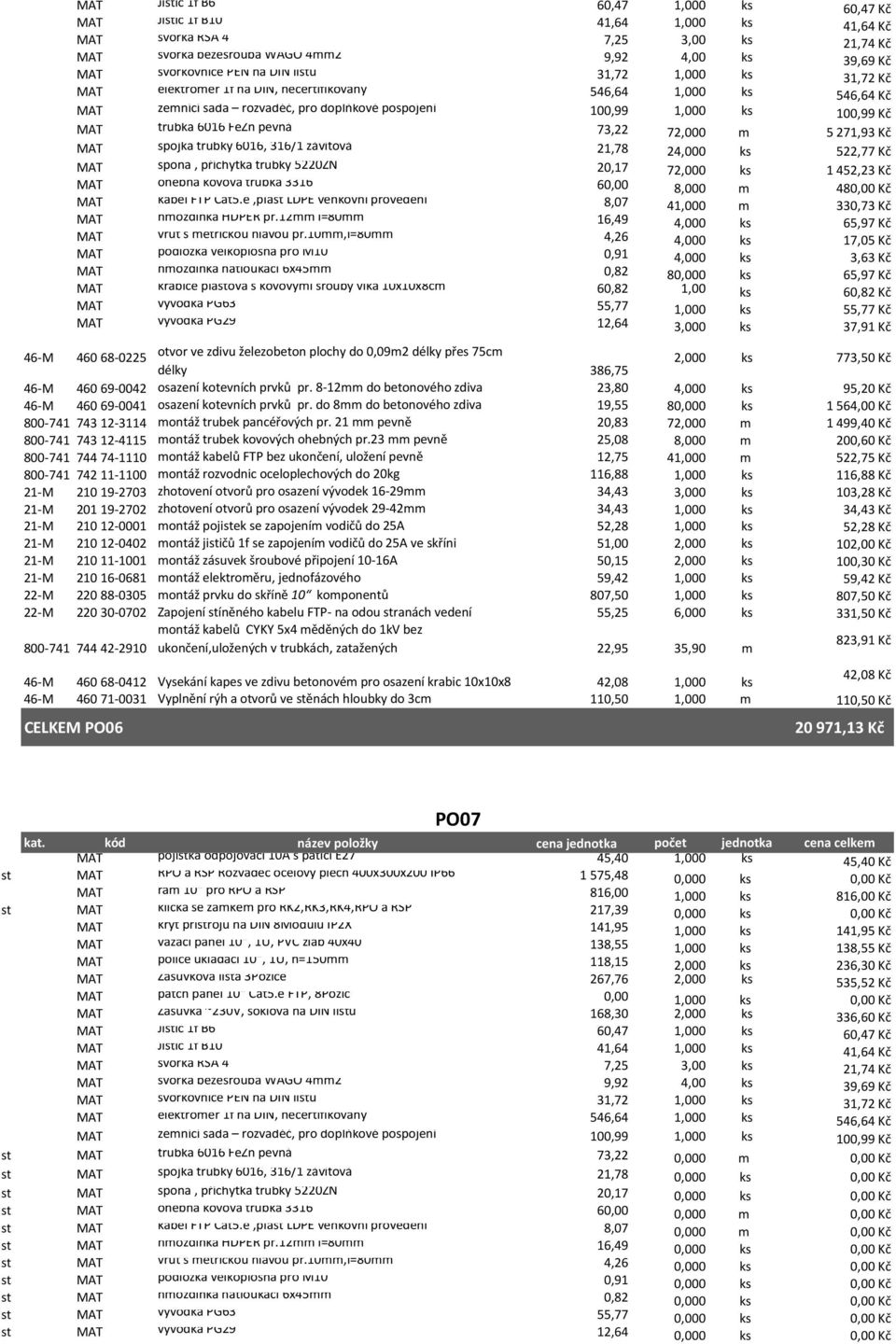 21,78 24,000 ks 522,77 Kč MAT spona, příchytka trubky 5220ZN 20,17 72,000 ks 1 452,23 Kč MAT ohebná kovová trubka 3316 60,00 8,000 m 480,00 Kč MAT kabel FTP Cat5.