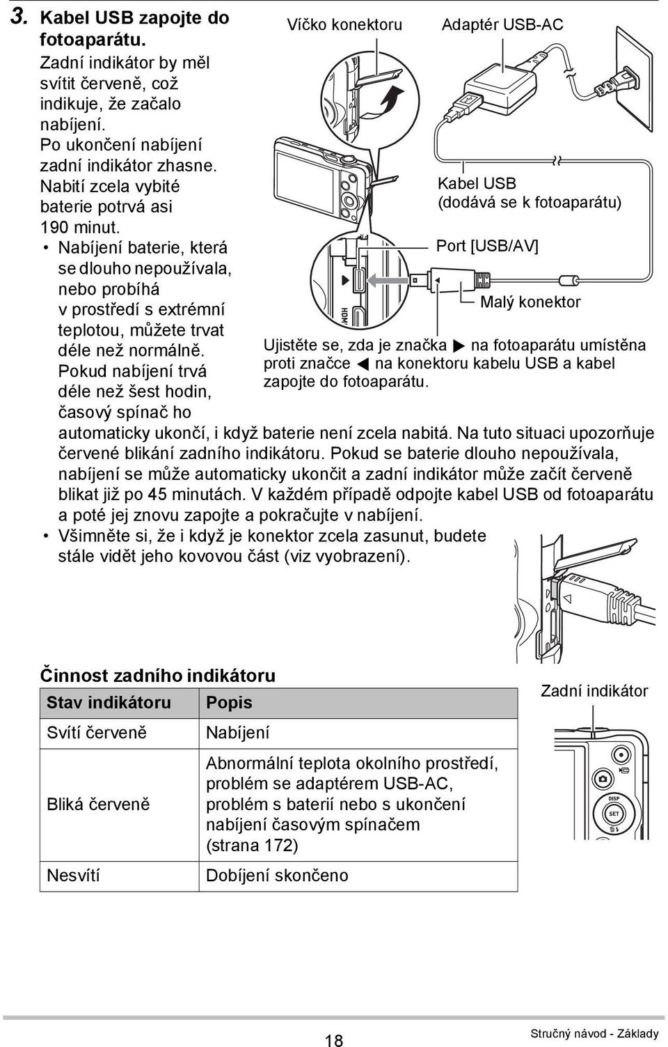 Pokud nabíjení trvá déle než šest hodin, časový spínač ho Víčko konektoru Adaptér USB-AC Kabel USB (dodává se k fotoaparátu) Port [USB/AV] Malý konektor Ujistěte se, zda je značka 6 na fotoaparátu