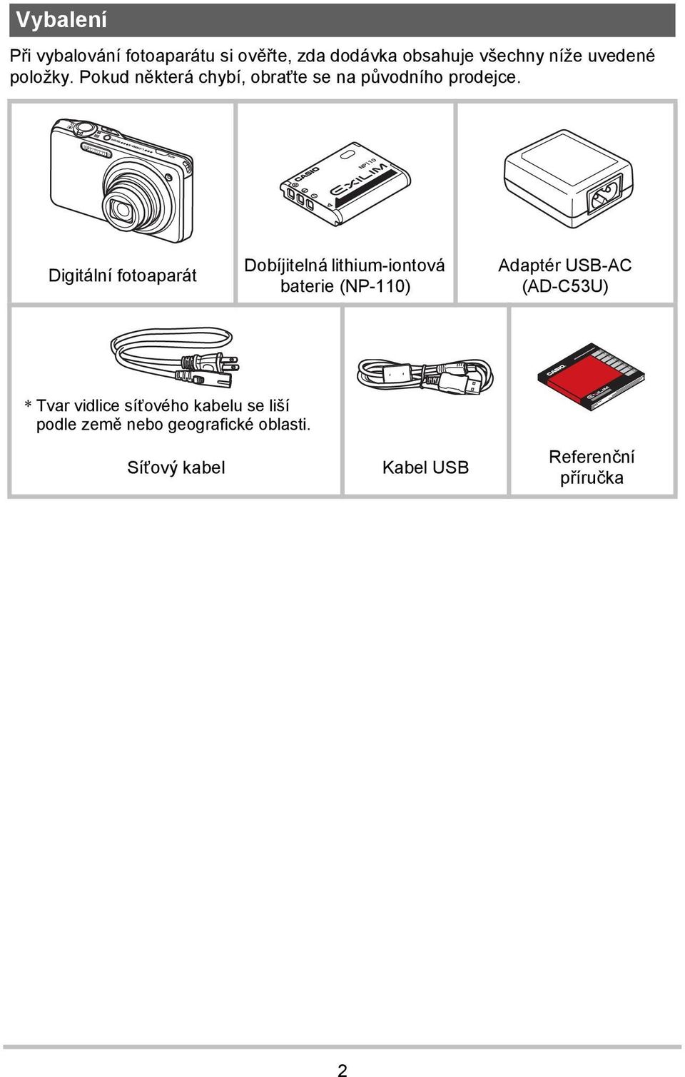 Digitální fotoaparát Dobíjitelná lithium-iontová baterie (NP-110) Adaptér USB-AC (AD-C53U)