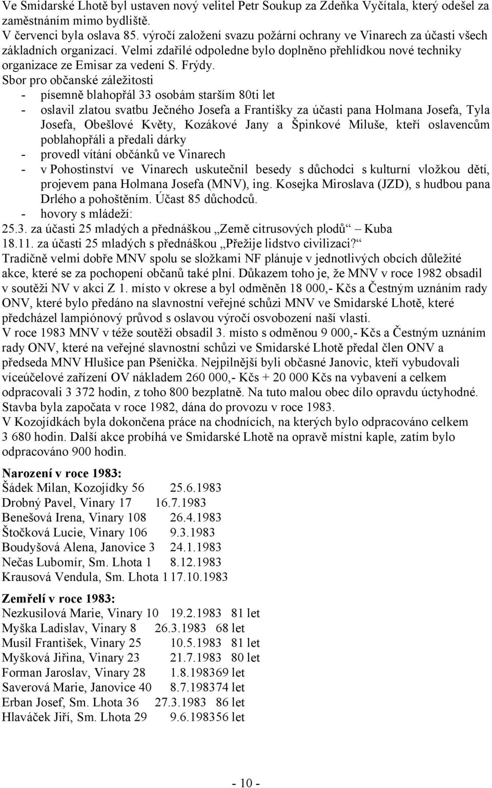 Sbor pro občanské záležitosti - písemně blahopřál 33 osobám starším 80ti let - oslavil zlatou svatbu Ječného Josefa a Františky za účasti pana Holmana Josefa, Tyla Josefa, Obešlové Květy, Kozákové