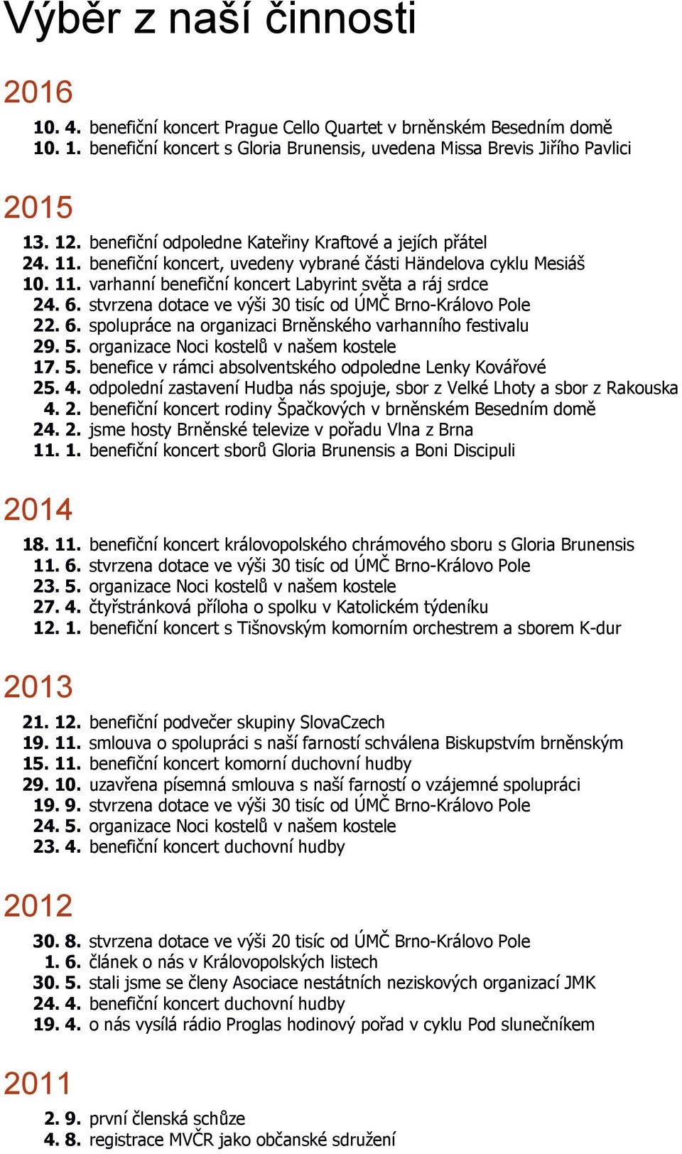 stvrzena dotace ve výši 30 tisíc od ÚMČ Brno-Královo Pole 22. 6. spolupráce na organizaci Brněnského varhanního festivalu 29. 5. organizace Noci kostelů v našem kostele 17. 5. benefice v rámci absolventského odpoledne Lenky Kovářové 25.