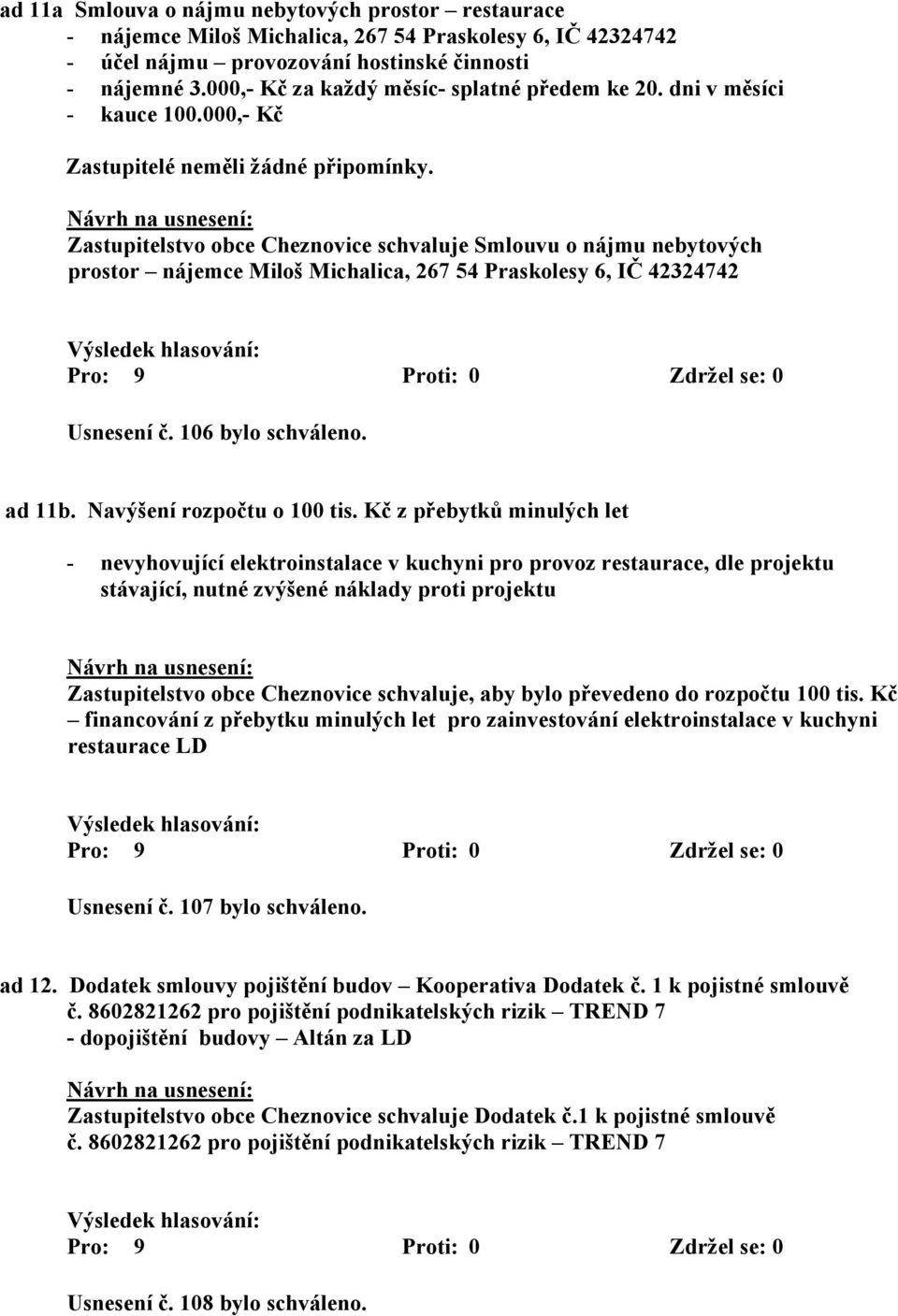 Zastupitelstvo obce Cheznovice schvaluje Smlouvu o nájmu nebytových prostor nájemce Miloš Michalica, 267 54 Praskolesy 6, IČ 42324742 Usnesení č. 106 bylo schváleno. ad 11b.