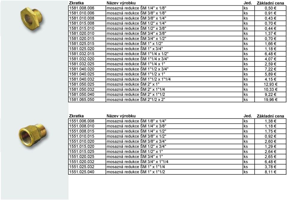 025.015 mosazná redukce ŠM 1" x 1/2" ks 1,66 1581.025.020 mosazná redukce ŠM 1" x 3/4" ks 1,18 1581.032.015 mosazná redukce ŠM 1"1/4 x 1/2" ks 6,48 1581.032.020 mosazná redukce ŠM 1"1/4 x 3/4" ks 4,07 1581.