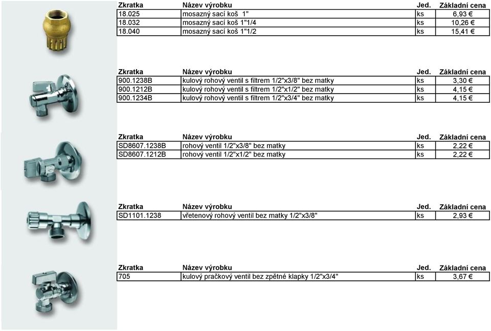 1234B kulový rohový ventil s filtrem 1/2"x3/4" bez matky ks 4,15 SD8607.1238B rohový ventil 1/2"x3/8" bez matky ks 2,22 SD8607.